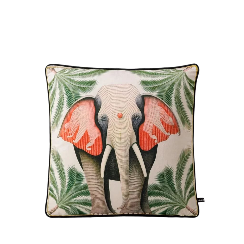 Majestic elephant throw pillow cover featuring vibrant colors and tropical foliage design, perfect for home decor.