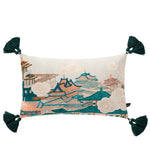 Throw pillow featuring a beautiful illustration of pagodas and clouds in soft pastel colors with decorative tassels.