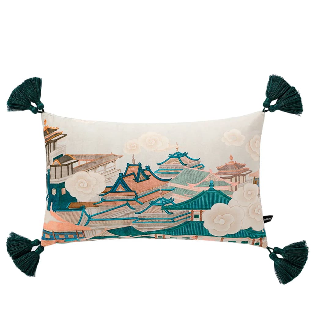 Throw pillow featuring a beautiful illustration of pagodas and clouds in soft pastel colors with decorative tassels.