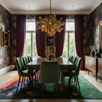 Mandarin Garden floral rug in an elegant dark dining room with green velvet chairs and wallpaper