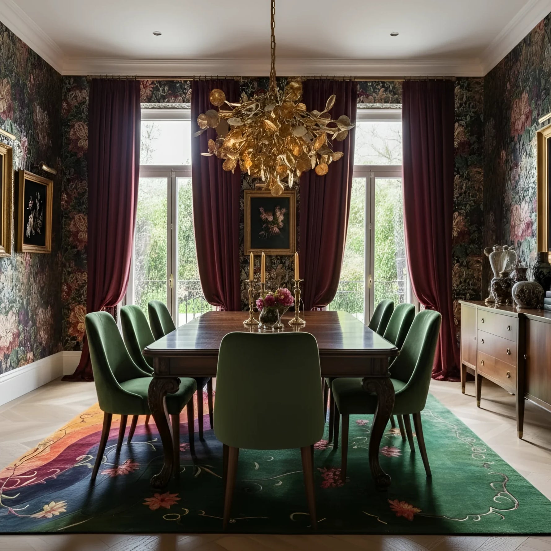 Mandarin Garden floral rug in an elegant dark dining room with green velvet chairs and wallpaper