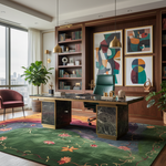 Luxurious office with a large desk, bookshelves, and colorful abstract art.