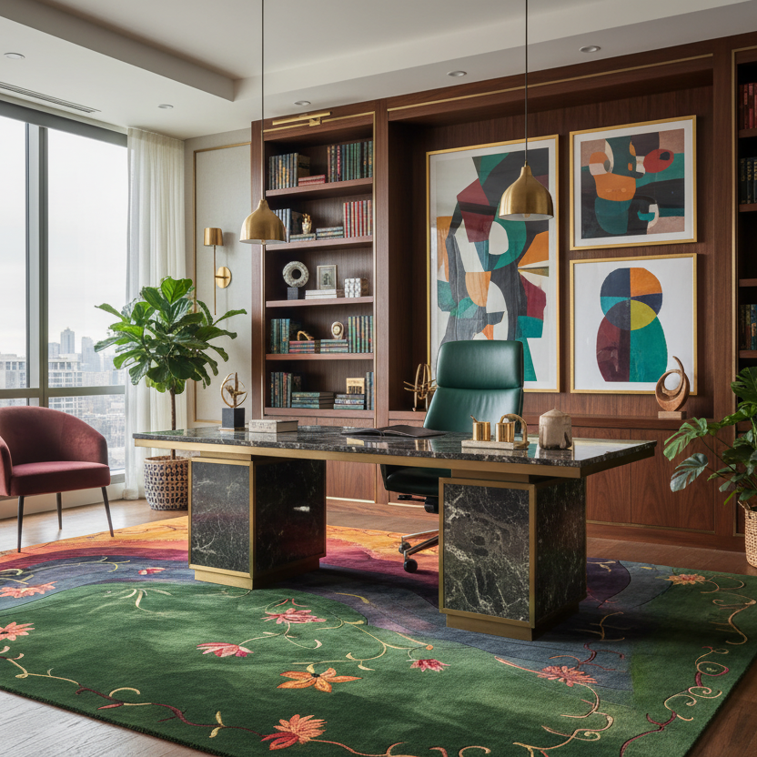 Luxurious office with a large desk, bookshelves, and colorful abstract art.