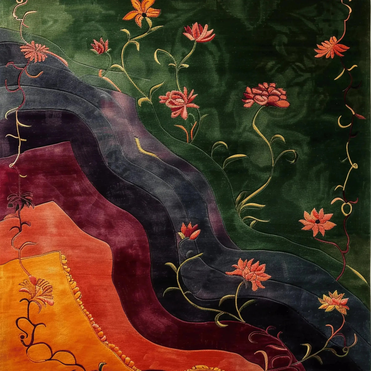 A vibrant Mandarin Garden Hand Tufted Rug featuring abstract floral designs in rich greens, reds, and oranges. Ideal for dining room area rugs or adding a touch of elegance to your office decor, this wool rug offers a blend of style and comfort.