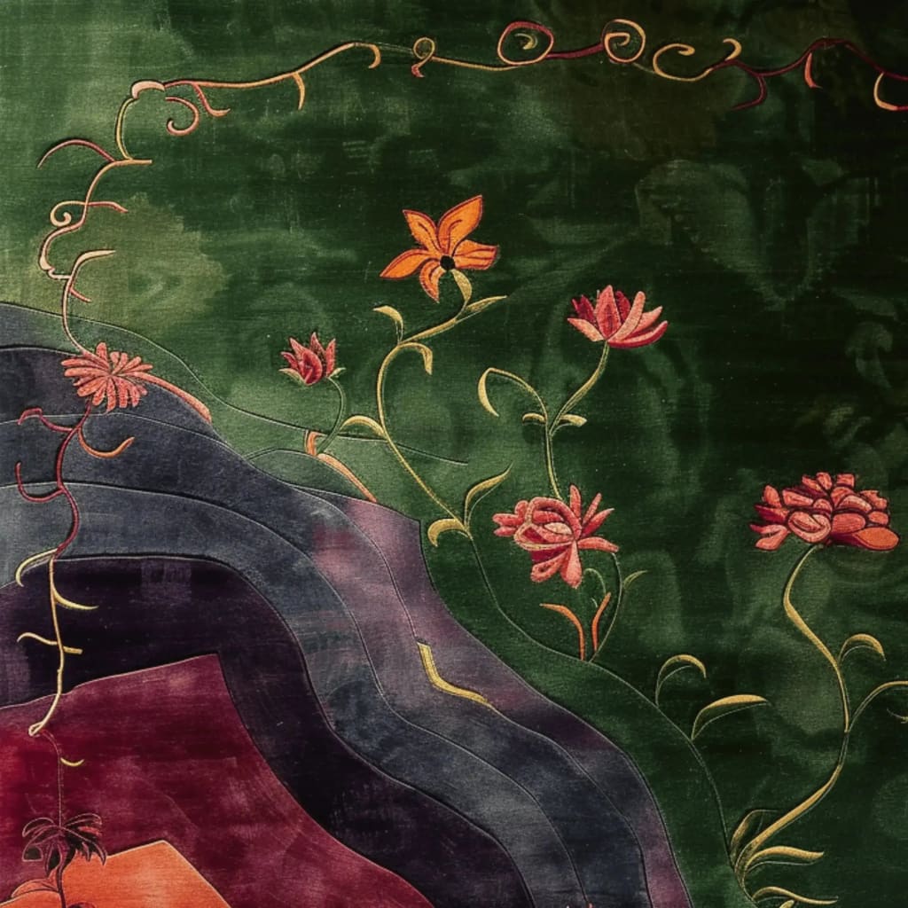 An exquisite Mandarin Garden Hand Tufted Rug featuring a vibrant floral design with red and orange flowers on a lush green background. Perfect for dining rooms or offices, this wool area rug adds elegance and charm to any space.