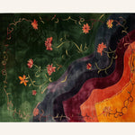 Top view of the Mandarin Garden Hand Tufted Rug, featuring a vibrant floral design with swirling patterns in rich green, purple, and orange hues. Perfect for adding a touch of elegance to dining rooms or offices, this wool area rug brings warmth and style to any space.