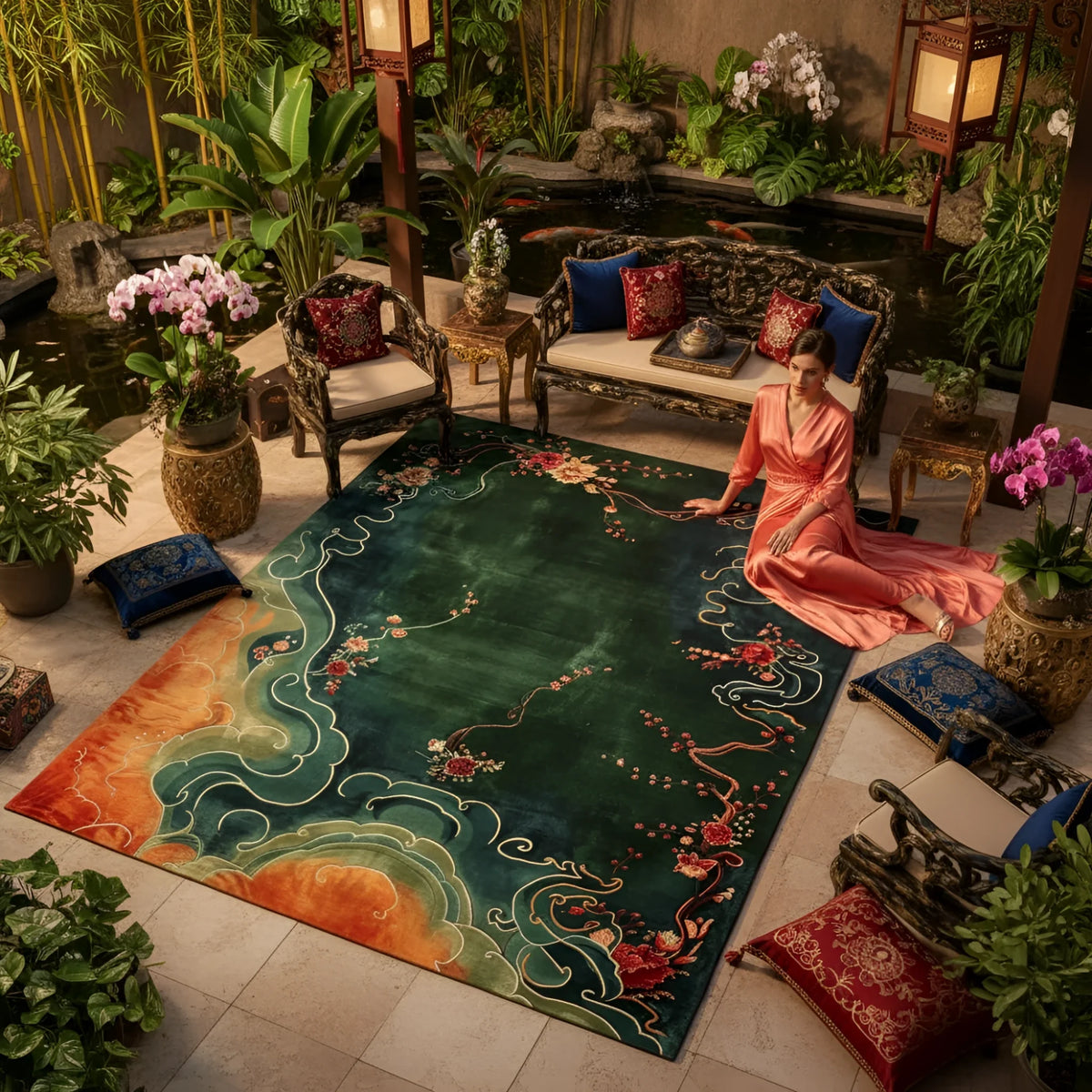Woman in a pink dress sitting on a decorative rug in a garden setting with plants and furniture.