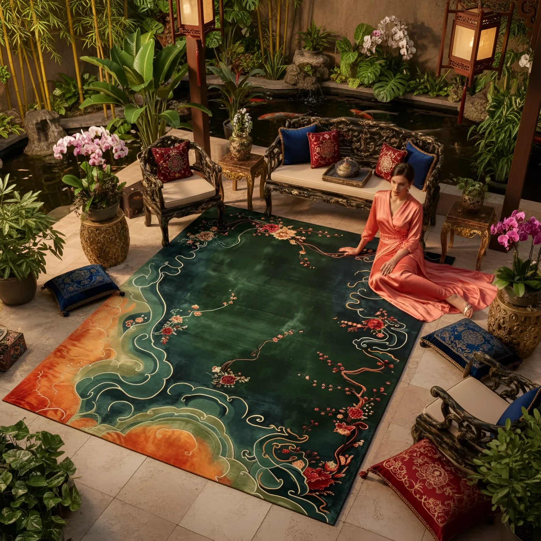 Woman in a pink dress sitting on a decorative rug in a garden setting with plants and furniture.