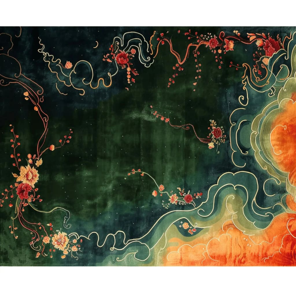 A beautifully designed area rug featuring an intricate abstract floral pattern. The rug boasts a rich blend of dark green and vibrant orange hues, perfect for adding a touch of vintage elegance to a dining room or office space. Made from high-quality wool, this hand-tufted rug serves as a luxurious carpet option for both dining room and office settings.