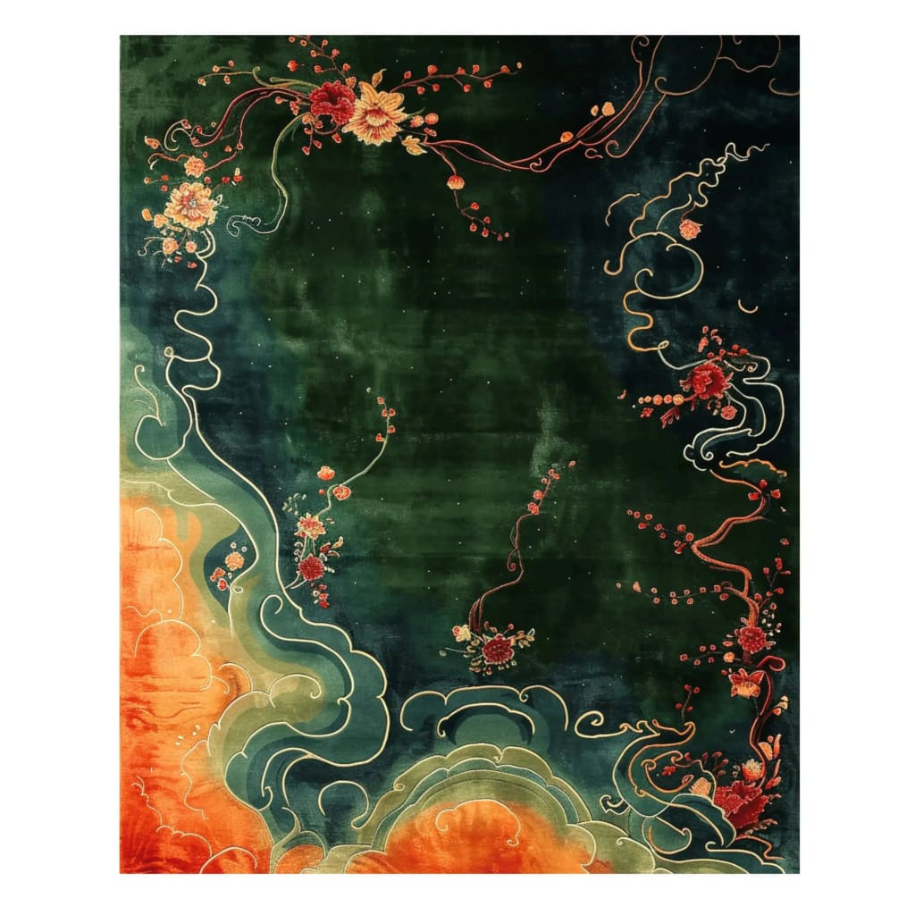 The Mandarin Serenity Hand Tufted Rug features an elegant design with vibrant floral motifs on a lush green background. This area rug is perfect for adding a touch of vintage charm to your dining room or office. Made from high-quality wool, this dining room carpet offers both style and comfort.