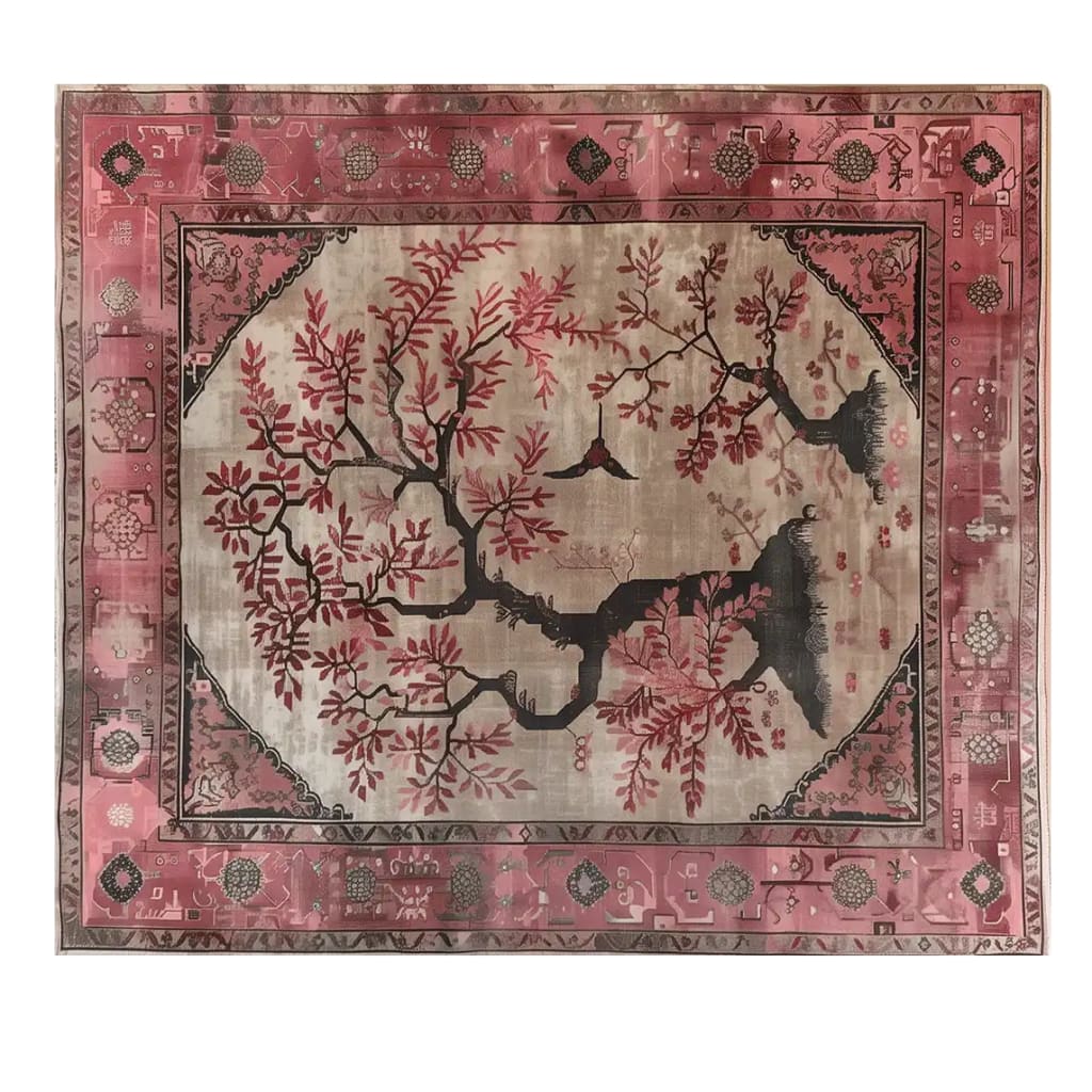 A beautifully designed area rug featuring a striking floral pattern with intricate branches in red and black. This large living room rug, part of the Maple Meditations collection, adds elegance to any space with its blend of traditional and contemporary styles.