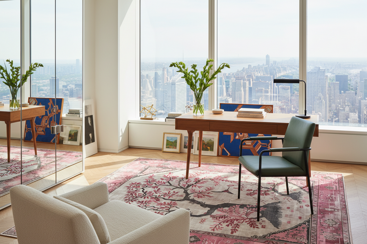 Modern office with large windows offering a cityscape view, featuring a desk, floral rug, chair, and armchair.