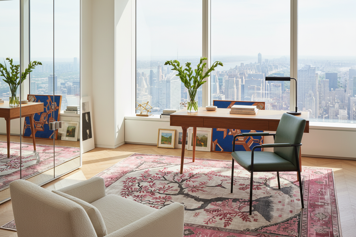 Modern office with large windows offering a cityscape view, featuring a desk, floral rug, chair, and armchair.