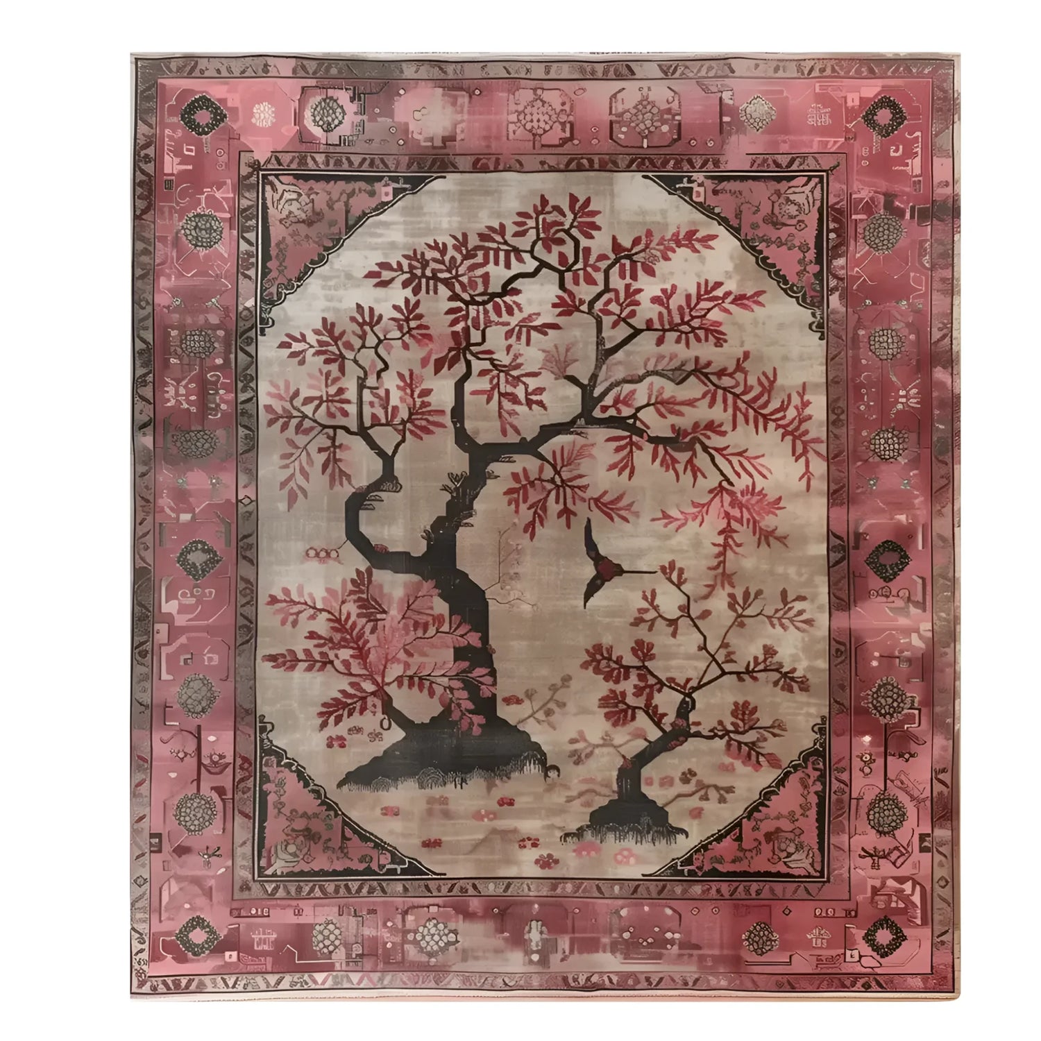 The Maple Meditations Knotted Wool Rug features a stunning floral design with intricate tree patterns in shades of red and black, set against a warm beige background. This elegant area rug is perfect for adding a touch of nature-inspired charm to your living room. Ideal for those seeking large living room rugs or floral rugs that blend art and comfort.