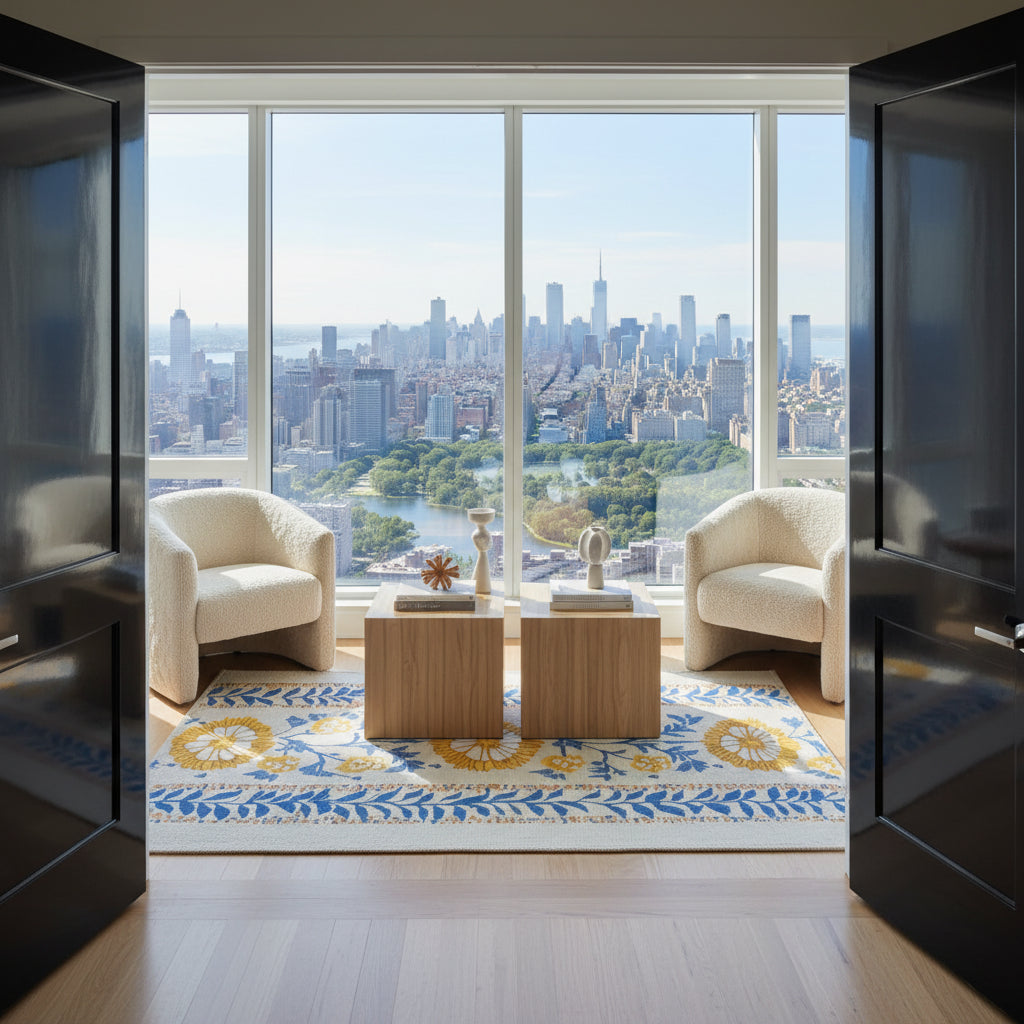 A luxury modern living room with a stunning city skyline view, featuring two cream boucle armchairs, two wooden coffee tables, a blue and yellow patterned area rug, and open black doors framing the scene.