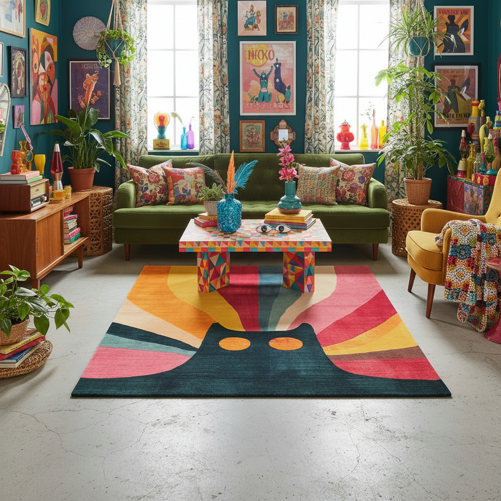 Colorful living room with a geometric rug, green sofa, and decorative items.