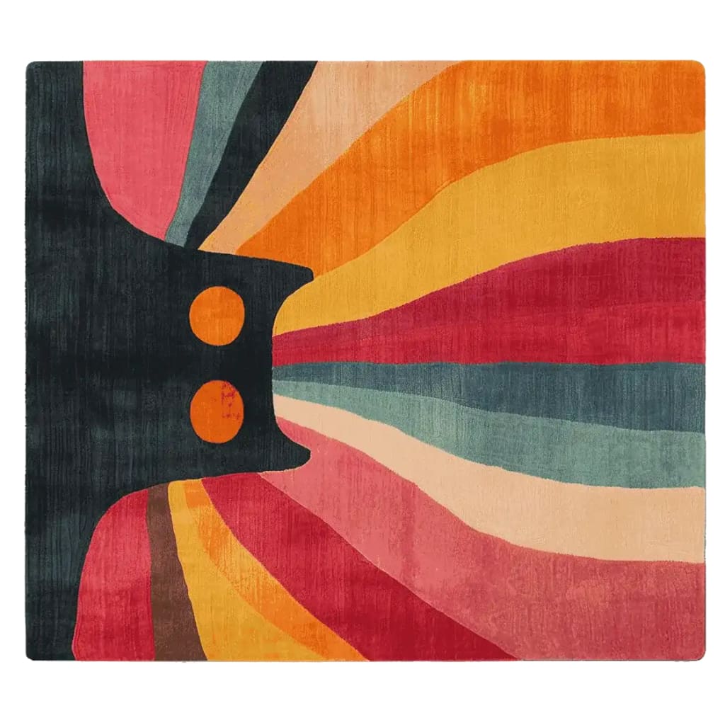 Bold and colorful area rug with abstract design, featuring vibrant hues of red, orange, yellow, and teal radiating from a central black shape. This contemporary wool rug, perfect for adding a splash of color to your living room, measures 8x10 and is a stylish addition to any home decor.