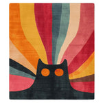 Bright and colorful area rug featuring an abstract design with bold, radiating stripes in red, orange, yellow, and blue, resembling a cat's silhouette. This contemporary wool rug, perfect as a living room rug in an 8x10 size, adds a vibrant touch to your space.