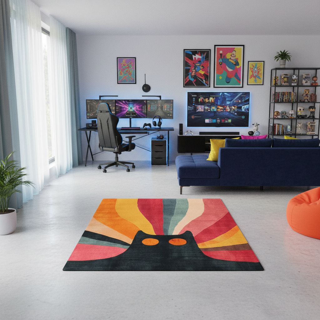 Modern teen boy room with a colorful rug, blue sofa, and gaming setup.