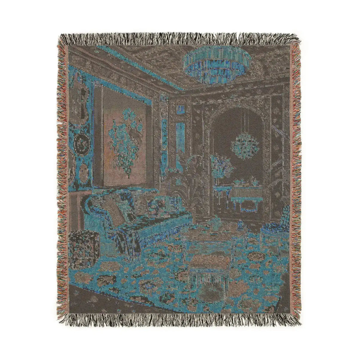 Back face of the Maximalist Dreamscape Woven Blanket with fringe showing teal brown woven reverse of opulent interior scene in square format