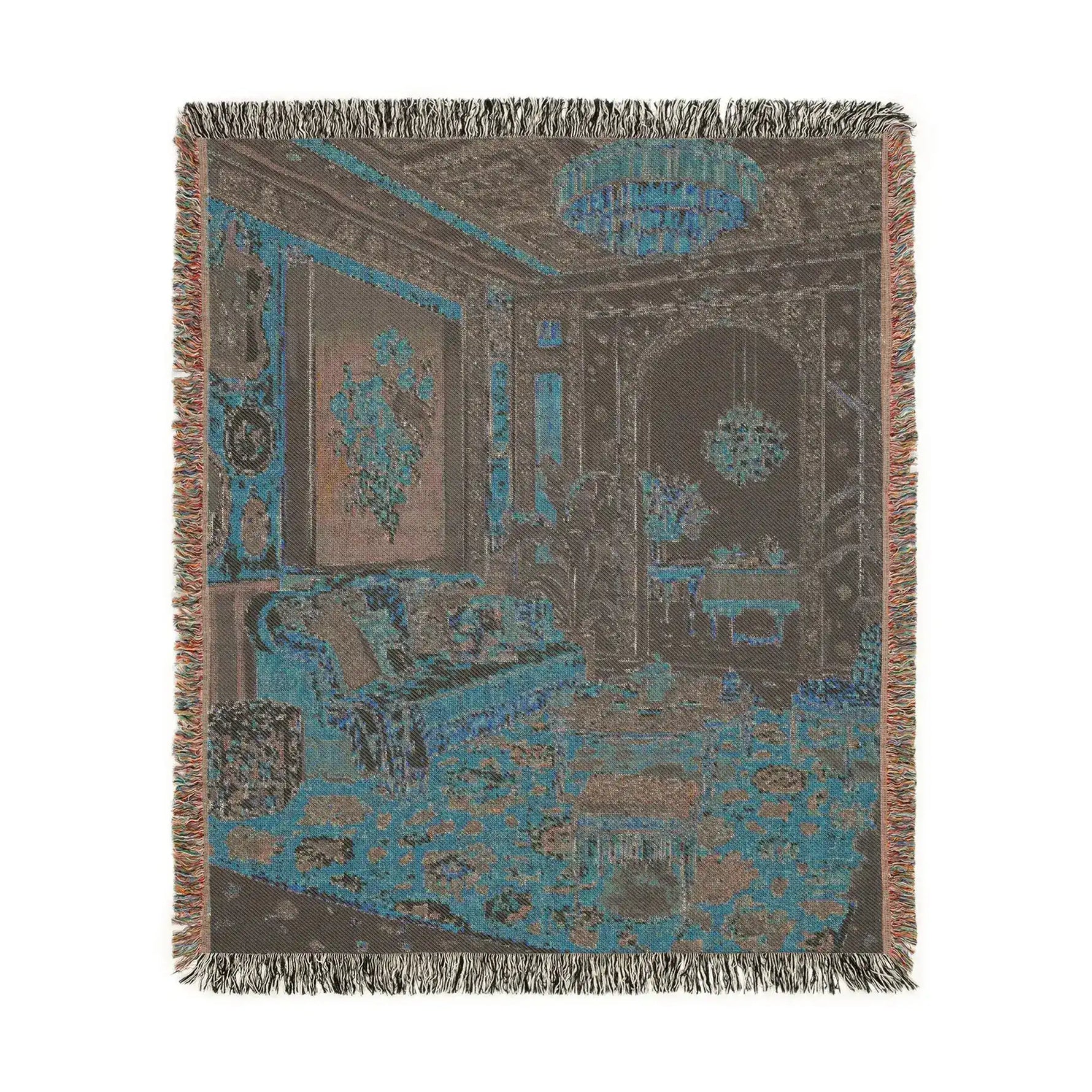 Back face of the Maximalist Dreamscape Woven Blanket with fringe showing teal brown woven reverse of opulent interior scene in square format