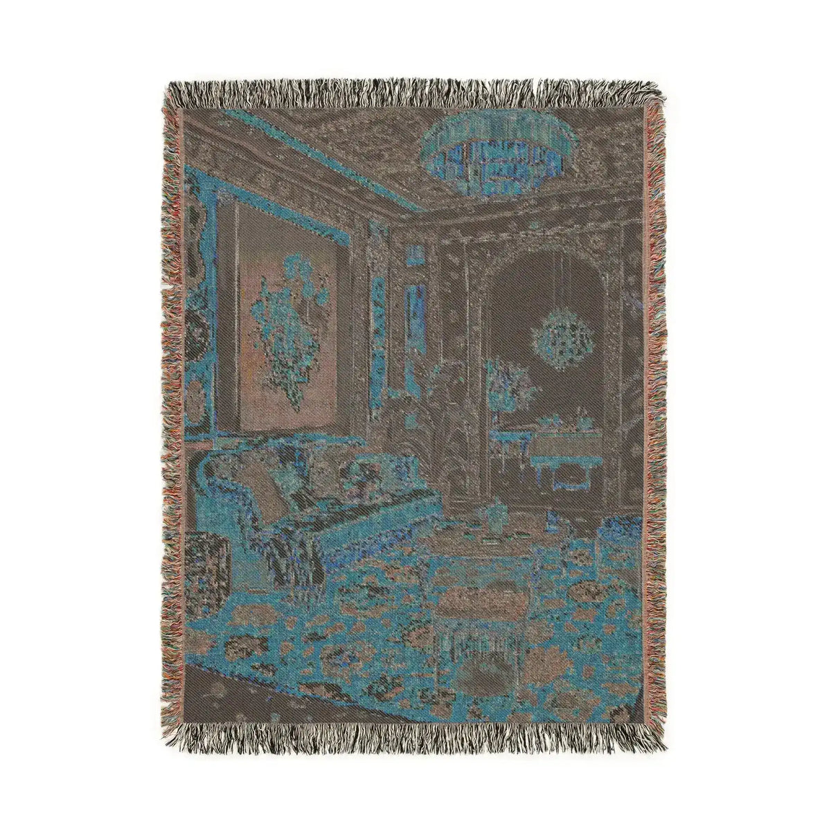 Back face of the Maximalist Dreamscape Woven Blanket with fringe showing teal brown woven reverse of opulent interior scene in portrait crop