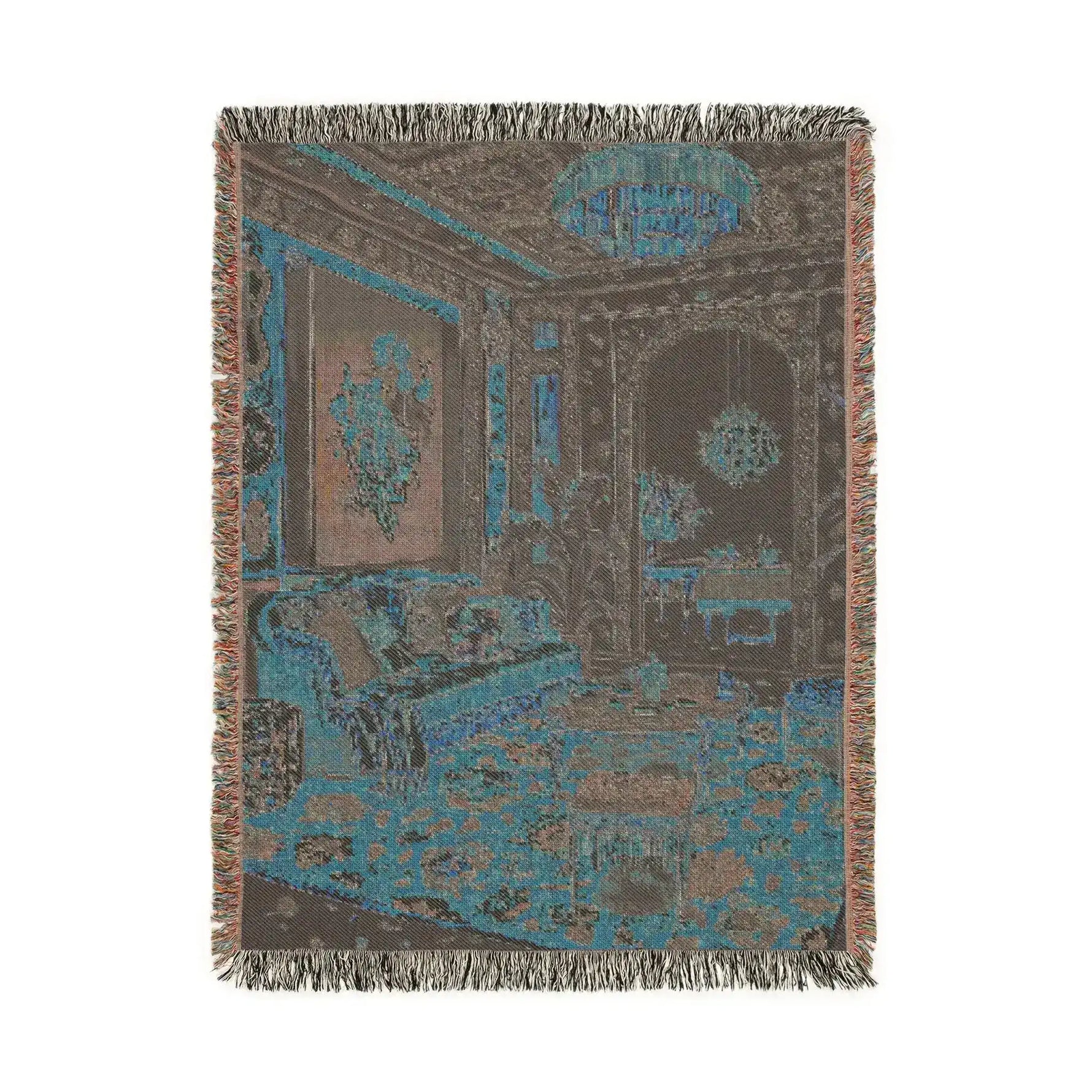 Back face of the Maximalist Dreamscape Woven Blanket with fringe showing teal brown woven reverse of opulent interior scene in portrait crop