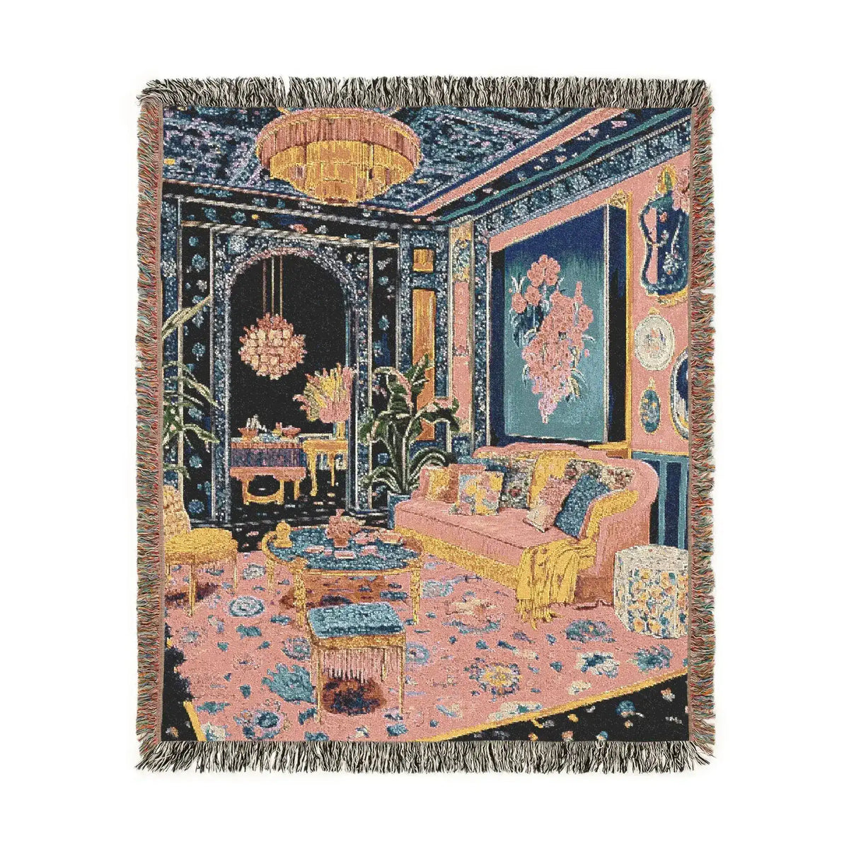 Fringed woven throw in square format showing maximalist interior with chandelier blue floral walls pink sofa and Persian rug on the Maximalist Dreamscape Woven Blanket