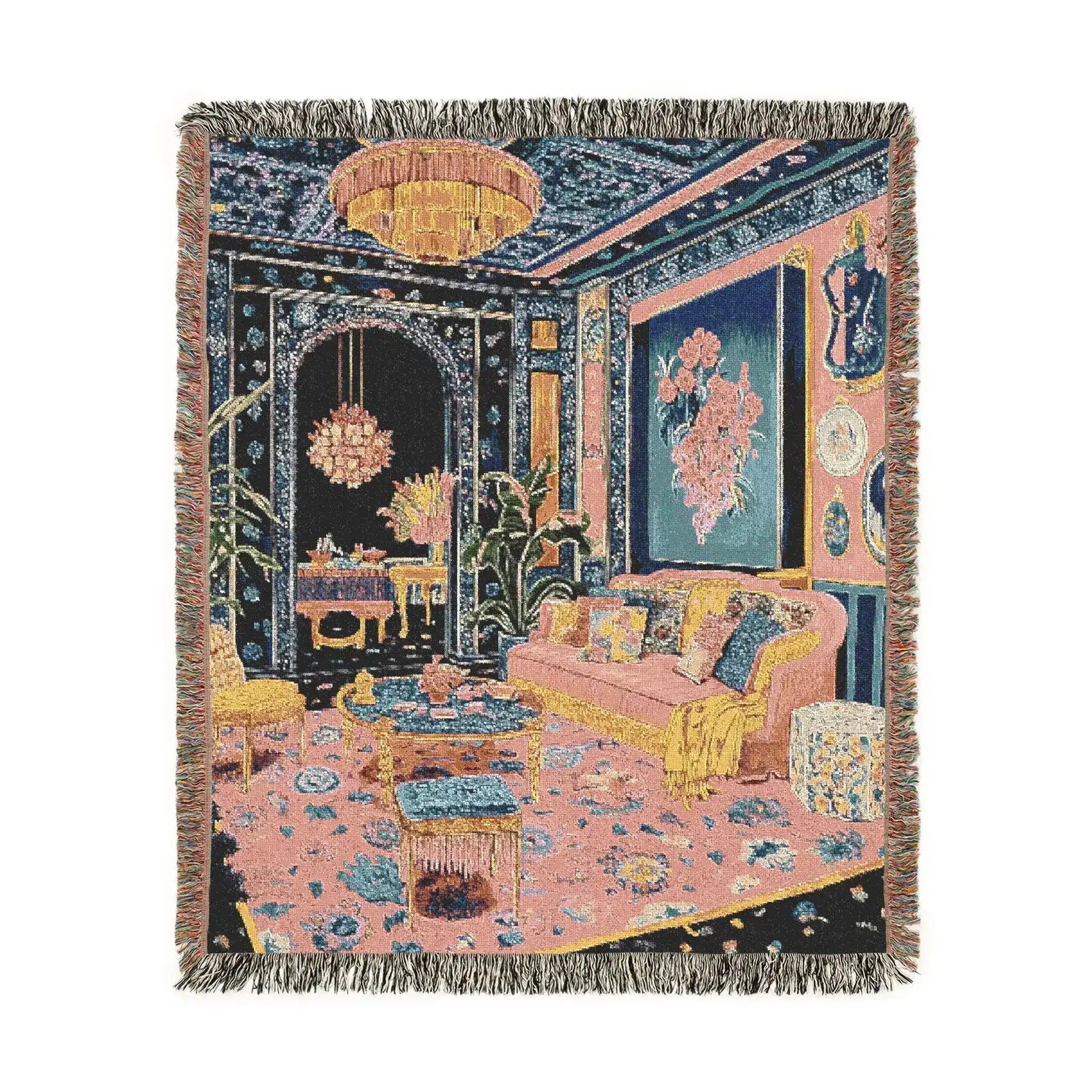 Fringed woven throw in square format showing maximalist interior with chandelier blue floral walls pink sofa and Persian rug on the Maximalist Dreamscape Woven Blanket