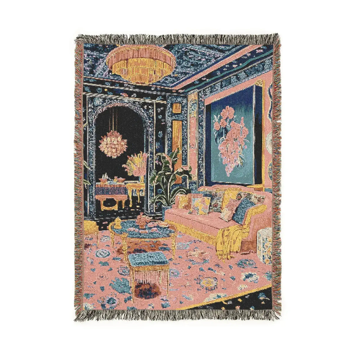 Woven throw with fringed edges showing opulent living room with chandelier navy floral walls pink sofa and ornate carpet on the Maximalist Dreamscape Woven Blanket