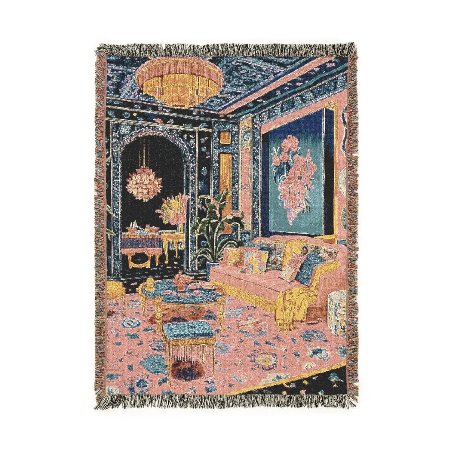 Woven throw with fringed edges showing opulent living room with chandelier navy floral walls pink sofa and ornate carpet on the Maximalist Dreamscape Woven Blanket