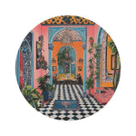 Maximalist Floral round rug flat view: ornate painted interior scene with pink walls, checkerboard floor, arched doorway, chandelier and tropical plants