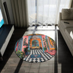 Maximalist Floral round rug in dark living room near sofa and TV, vibrant checkerboard interior pattern on floor