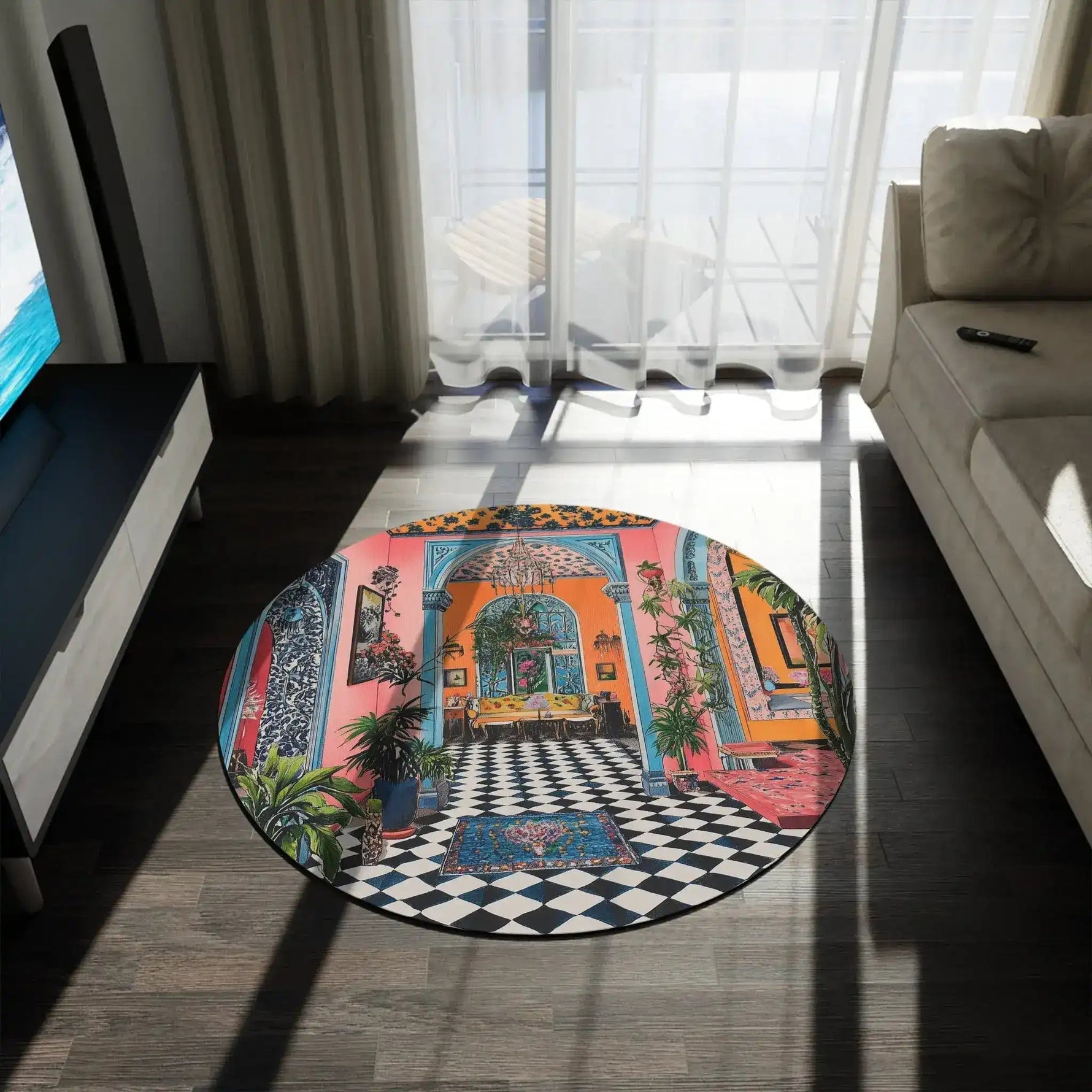 Maximalist Floral round rug in dark living room near sofa and TV, vibrant checkerboard interior pattern on floor