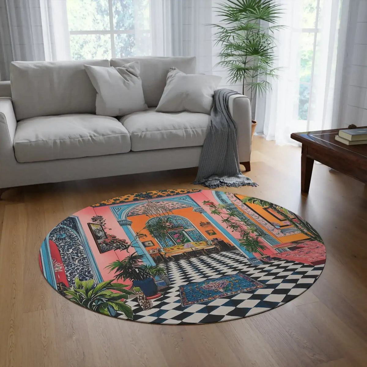 Maximalist Floral round rug in bright living room, wood floor and gray sofa, colorful interior scene design visible