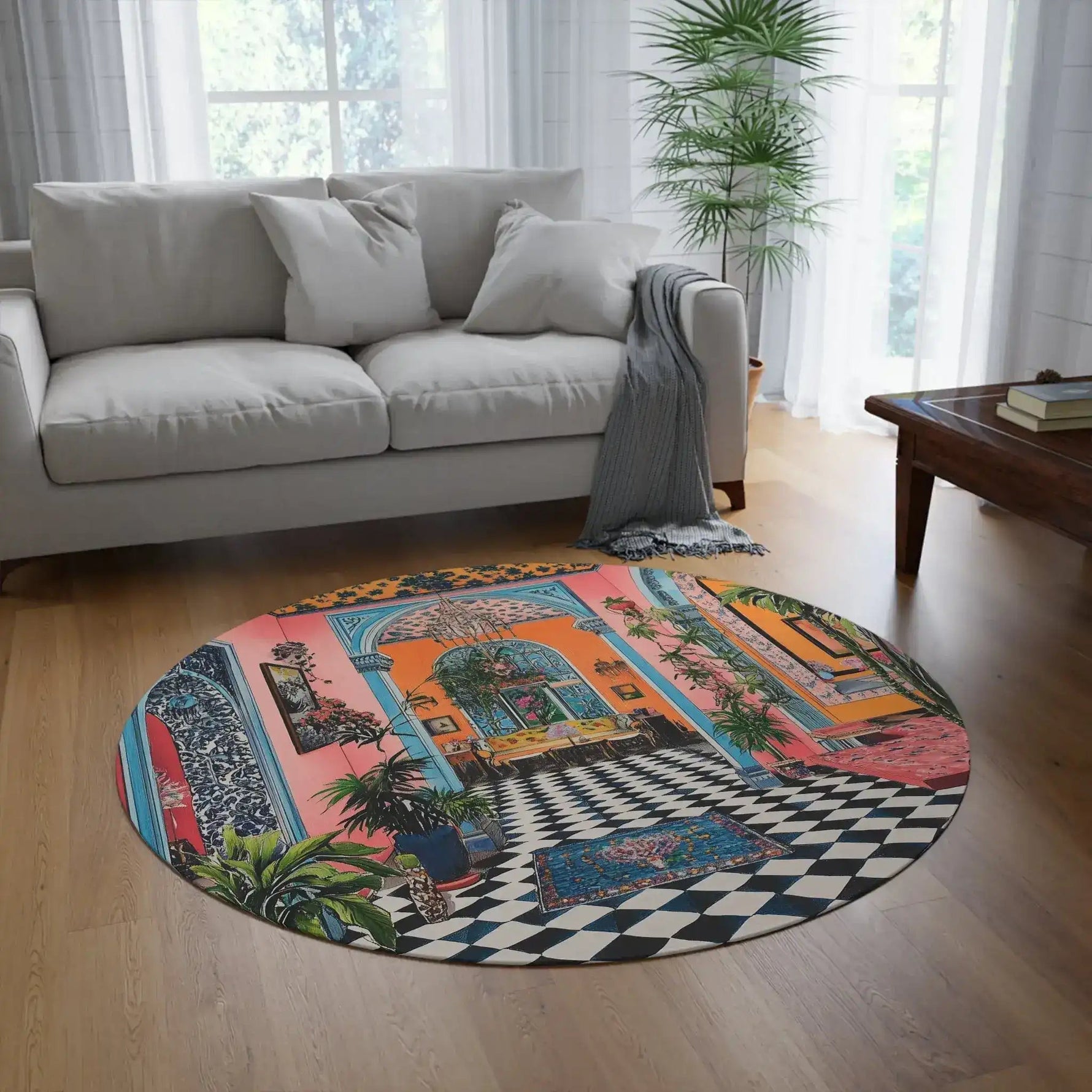 Maximalist Floral round rug in bright living room, wood floor and gray sofa, colorful interior scene design visible