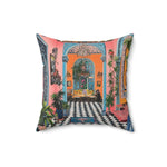 Maximalist Floral Throw Pillow with colorful ornate interior motif in coral pink and orange with checkered floor garden