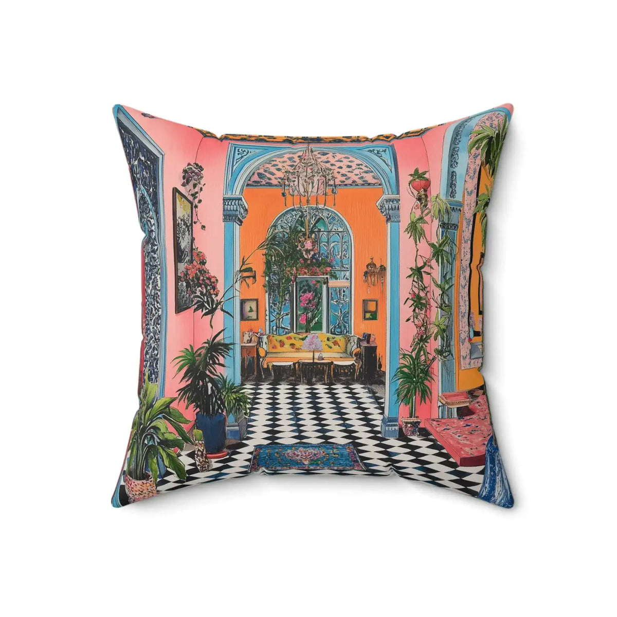 Maximalist Floral Throw Pillow showing ornate baroque interior with arched blue columns on pink and orange walls