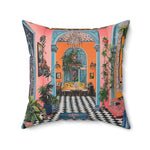 Maximalist Floral Throw Pillow wider view of baroque style ornate interior with checkered floor and tall tropical plants