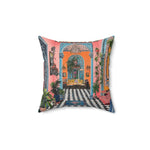 Maximalist Floral Throw Pillow front view with eclectic maximalist palace interior print, pink walls and blue columns