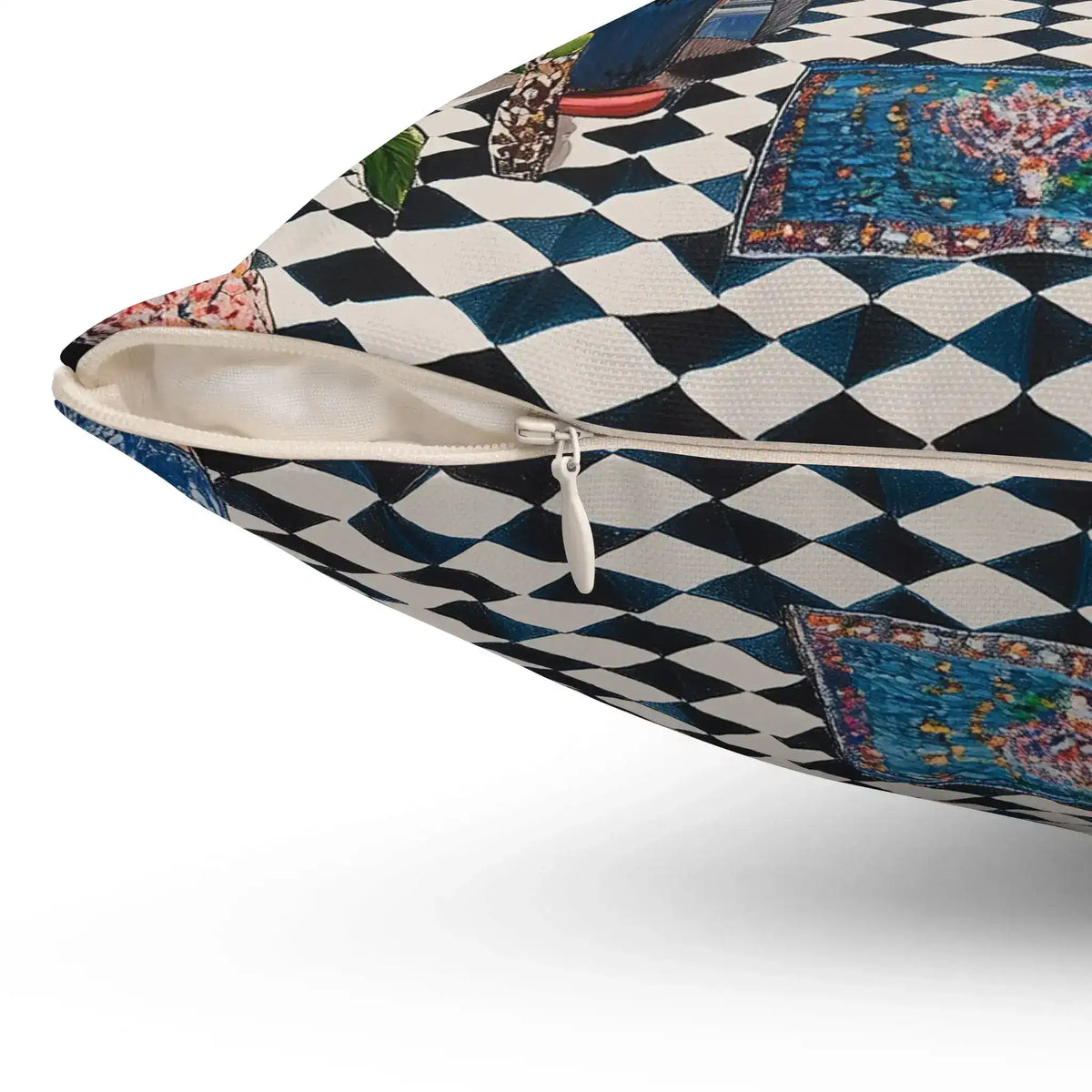 Maximalist Floral Throw Pillow close-up of zipper on back showing checkered pattern on dark blue and white ground