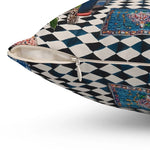 Maximalist Floral Throw Pillow close-up of zipper on back showing checkered pattern on dark blue and white ground