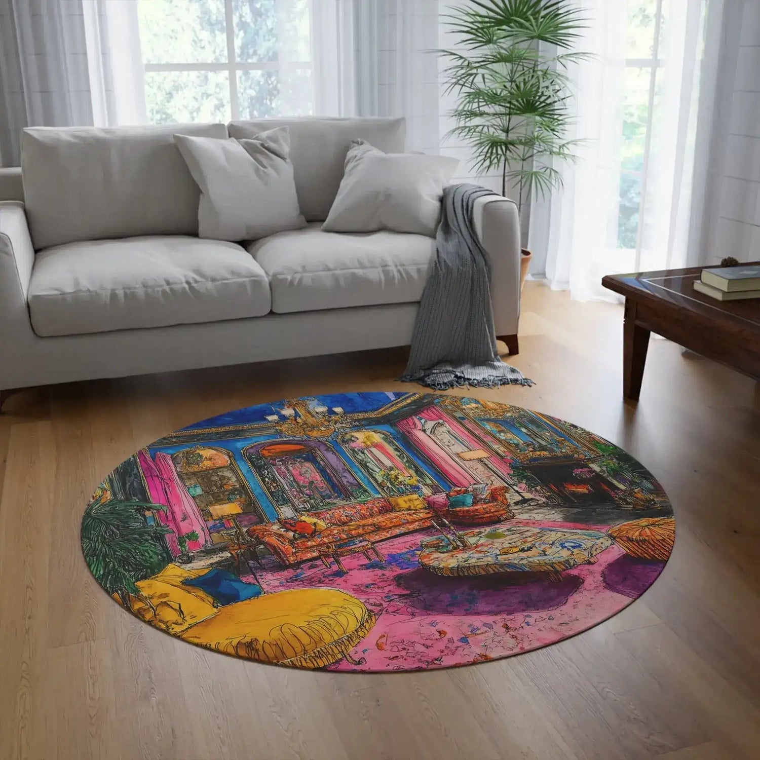 colorful maximalist interior scene round rug in white living room with sofa and decor