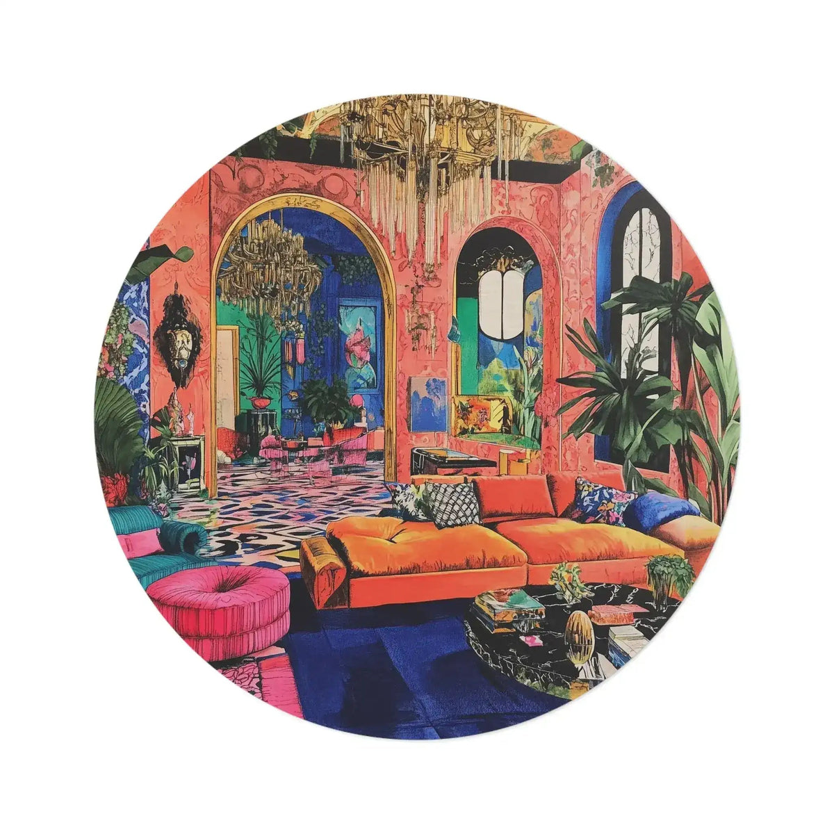 MaxiMood Mansion Round Rug flat lay, painted maximalist interior with coral walls, chandelier, orange sofa and plants