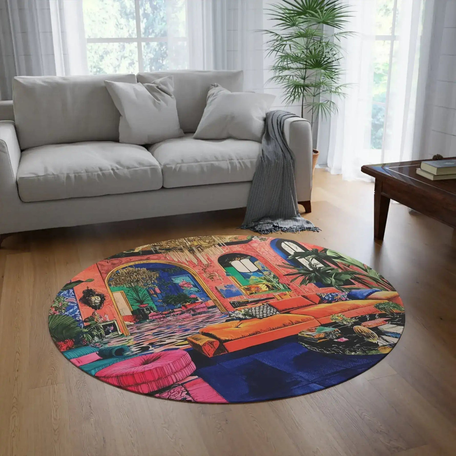 MaxiMood Mansion Round Rug on light wood floor in bright living room with white sofa, colorful mansion interior print