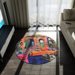 MaxiMood Mansion Round Rug on dark wood floor in a sunlit room, vibrant maximalist mansion interior pattern visible