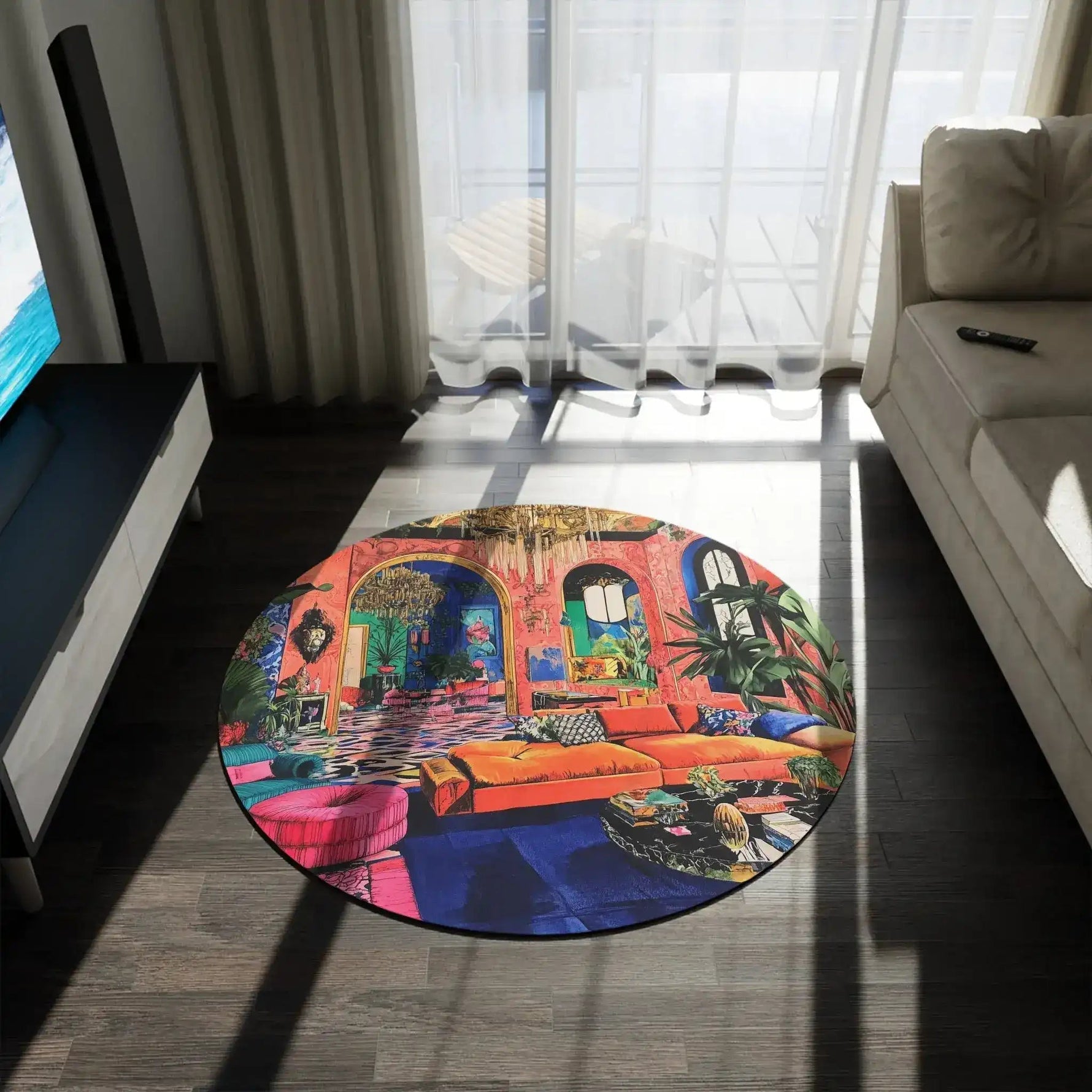 MaxiMood Mansion Round Rug on dark wood floor in a sunlit room, vibrant maximalist mansion interior pattern visible