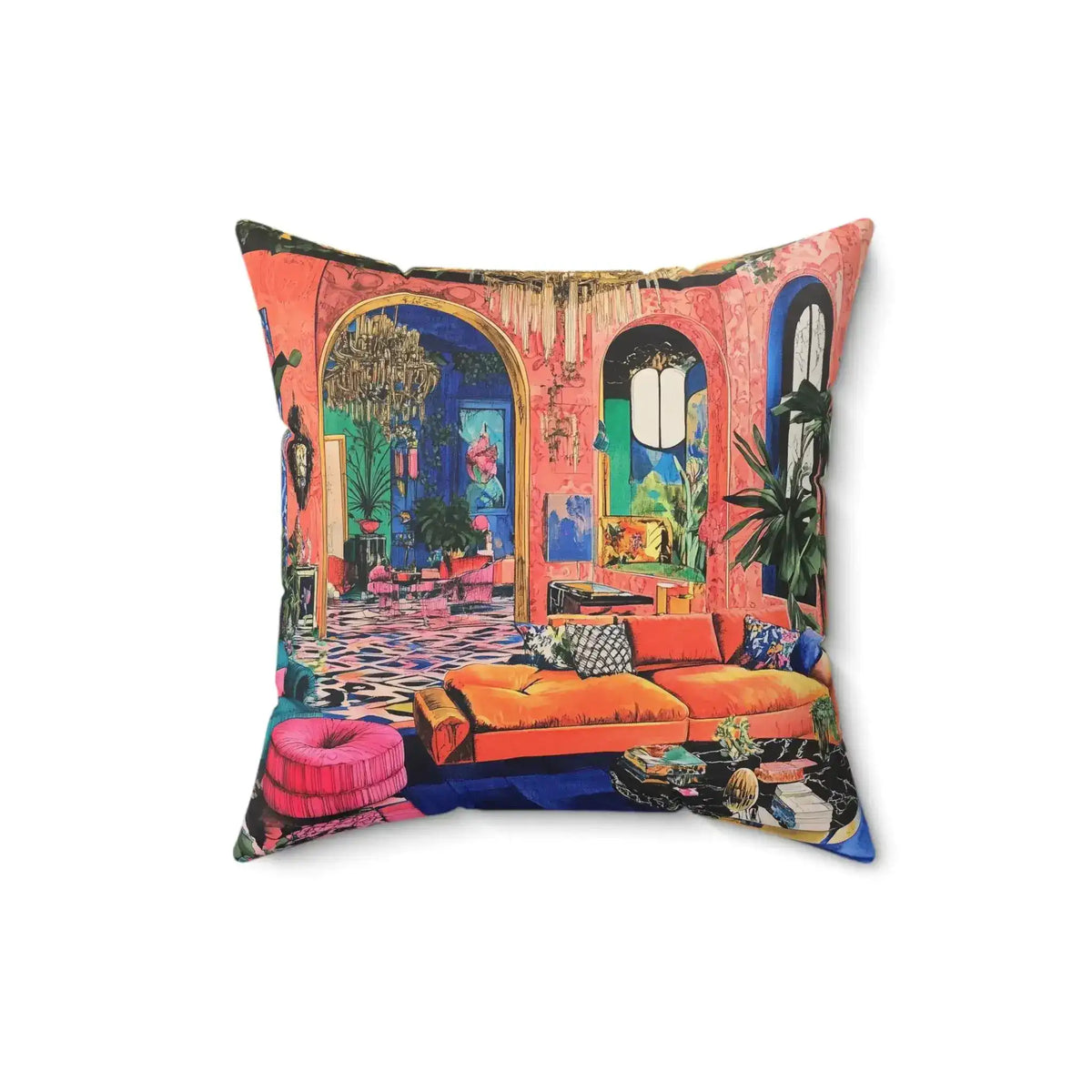 MaxiMood Mansion Throw Pillow slightly larger framing showing full eclectic mansion scene with arched doorways and tropical plants