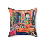 MaxiMood Mansion Throw Pillow larger product filling more of the frame, vivid pink maximalist interior scene fully visible