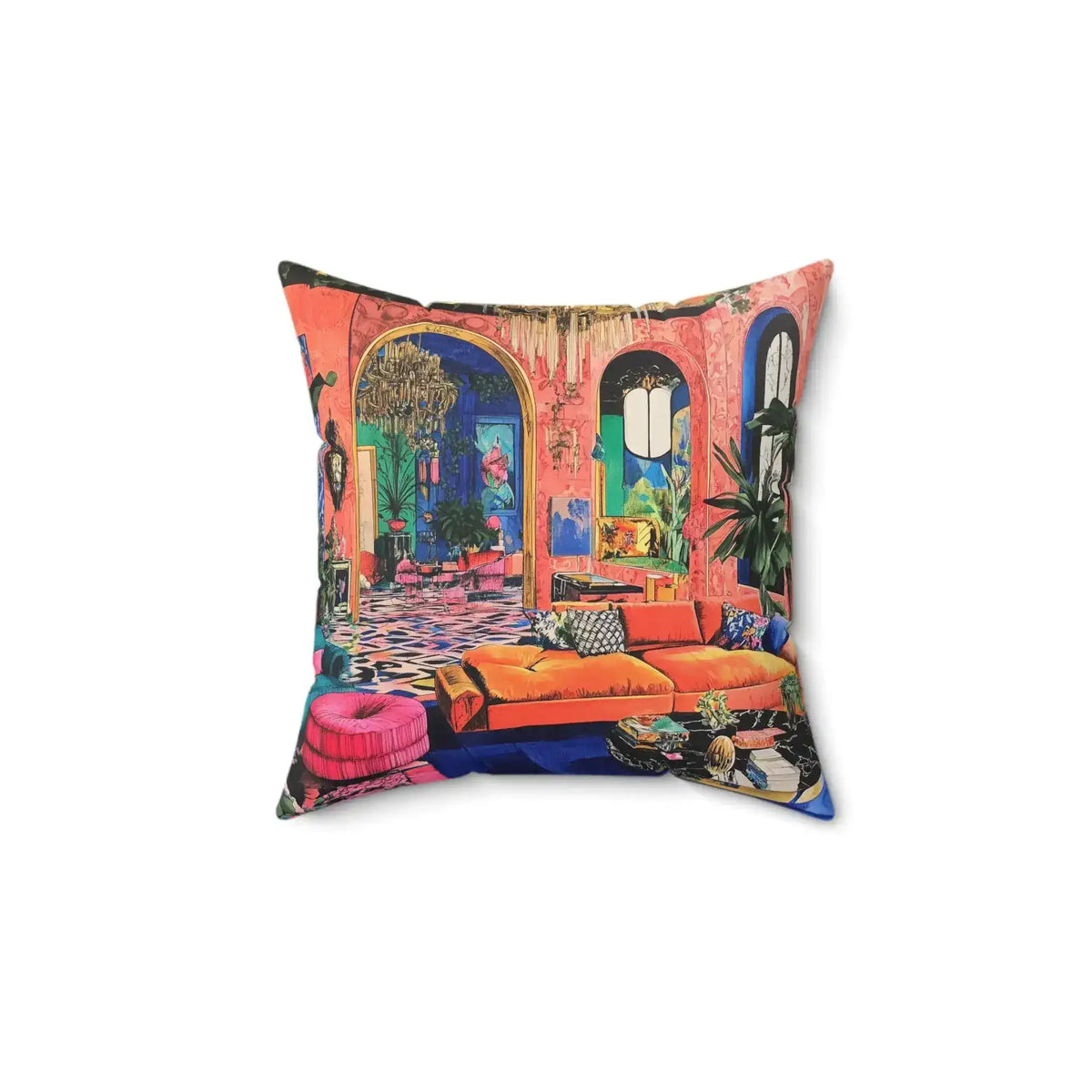 MaxiMood Mansion Throw Pillow smaller centered on white background showing full cushion with maximalist mansion interior